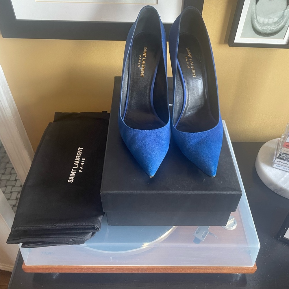 Saint Laurent Cobalt Blue Suede Heels - Picture 7 of 7